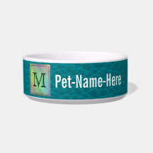 Custom Monogram Image on Teal Pattern. Pet Water Bowl
