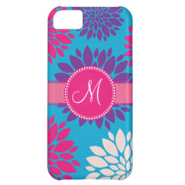 Custom Monogram Initial Pink Purple Flower on Blue iPhone 5C Cases