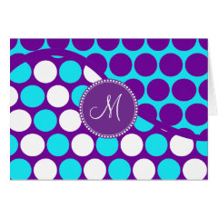 Custom Monogram Initial Teal Purple Polka Dots Greeting Card