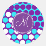 Custom Monogram Initial Teal Purple Polka Dots Round Stickers