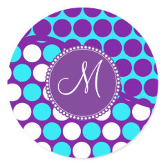 Custom Monogram Initial Teal Purple Polka Dots Round Stickers