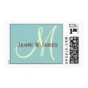 Custom Monogram M Cream Blue Brown Wedding Stamp stamp