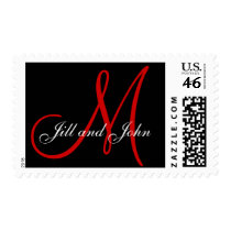 Custom Monogram M Wedding Black and Red Postage postage