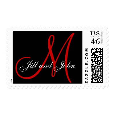 Custom Monogram M Wedding Black and Red Postage by monogramgallery
