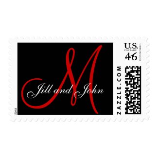 Custom Monogram M Wedding Black and Red Postage stamp