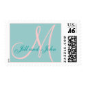 Custom Monogram M Wedding Blue and Pink Stamp by monogramgallery Custom Monogram M Wedding Blue and Pink Stamp