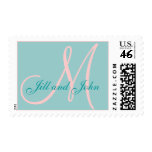 Custom Monogram M Wedding Blue and Pink Stamp