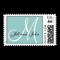 Custom Monogram M Wedding Blue and White Stamp