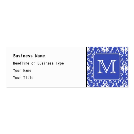 Custom Monogram, on Blue and White Damask Pattern. Business Card Template (front side)