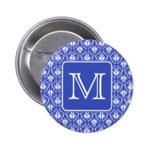 Custom Monogram, on Blue and White Damask Pattern. Buttons