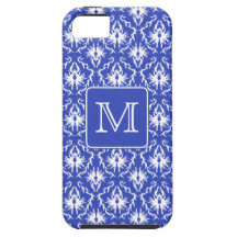Custom Monogram, on Blue and White Damask Pattern. iPhone 5 Cases