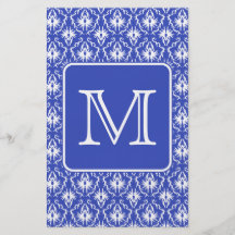 Custom Monogram, on Blue and White Damask Pattern. Flyer Design
