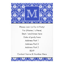 Custom Monogram, on Blue and White Damask Pattern. Custom Invitation