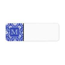 Custom Monogram, on Blue and White Damask Pattern. Custom Return Address Labels