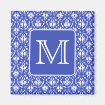 Custom Monogram, on Blue and White Damask Pattern. Refrigerator Magnets