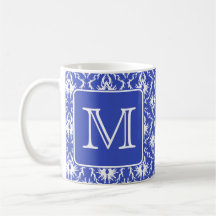 Custom Monogram, on Blue and White Damask Pattern. Coffee Mug