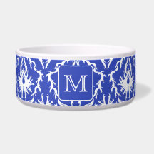 Custom Monogram, on Blue and White Damask Pattern. Dog Water Bowl