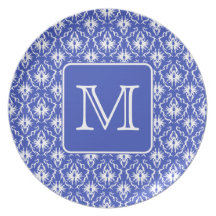 Custom Monogram, on Blue and White Damask Pattern. Party Plates
