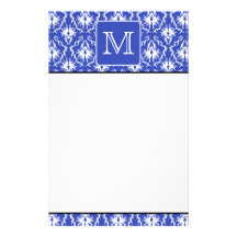 Custom Monogram, on Blue and White Damask Pattern. Stationery