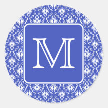 Custom Monogram, on Blue and White Damask Pattern. Sticker