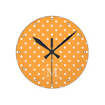 Custom Monogram. Orange and White Polka Dot. Clock