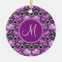 Custom Monogram Purple Lace Damask Pattern Ornaments