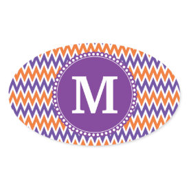Custom Monogram Purple Orange Chevron Pattern Oval Sticker