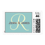 Custom Monogram R Cream Blue Brown Wedding Stamp