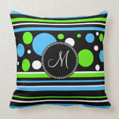 Custom Monogram Teal Green Stripes Polka Dots Throw Pillow