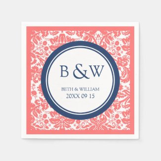 Custom Monogram Wedding Napkin Coral Blue Damask Paper Napkins