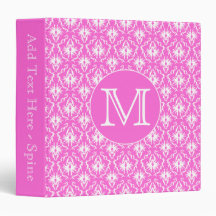Custom Monogram. White and Pink Damask Pattern. 3 Ring Binders