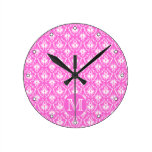Custom Monogram. White and Pink Damask Pattern. Clock