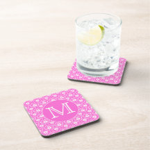 Custom Monogram. White and Pink Damask Pattern. Coaster