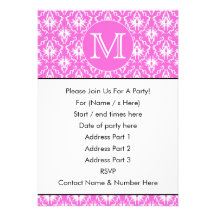 Custom Monogram. White and Pink Damask Pattern. Personalized Invites