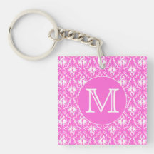 Custom Monogram. White and Pink Damask Pattern. Acrylic Keychains