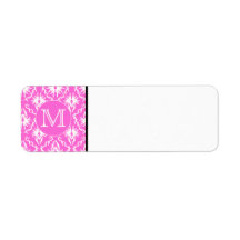 Custom Monogram. White and Pink Damask Pattern. Return Address Labels
