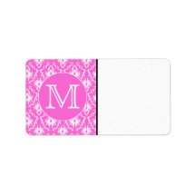Custom Monogram. White and Pink Damask Pattern. Custom Address Label