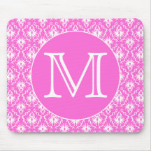 Custom Monogram. White and Pink Damask Pattern. Mouse Pad