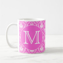 Custom Monogram. White and Pink Damask Pattern. Coffee Mugs