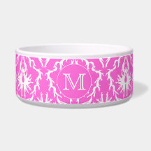 Custom Monogram. White and Pink Damask Pattern. Pet Food Bowl