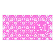 Custom Monogram. White and Pink Damask Pattern. Photo Cards