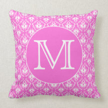 Custom Monogram. White and Pink Damask Pattern. Throw Pillow