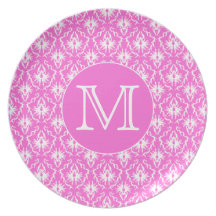 Custom Monogram. White and Pink Damask Pattern. Party Plates