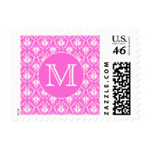 Custom Monogram. White and Pink Damask Pattern. Postage Stamps