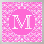 Custom Monogram. White and Pink Damask Pattern. Posters