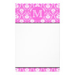 Custom Monogram. White and Pink Damask Pattern. Stationery Paper