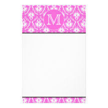 Custom Monogram. White and Pink Damask Pattern. Stationery Paper