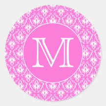 Custom Monogram. White and Pink Damask Pattern. Round Sticker
