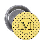Custom Monogram Yellow and Black Polka Dot Pattern Pinback Button