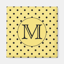 Custom Monogram Yellow and Black Polka Dot Pattern Fridge Magnet